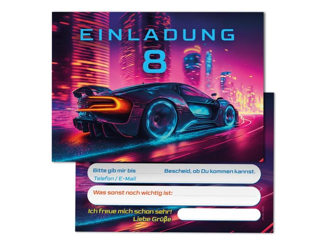 12 Einladungskarten zum 8. Kindergeburtstag Rennauto Auto Rennwagen Kinder Jungen coole bunte Einladungen achte Geburtstag Geburtstagseinladungen Kids Karten 12-er Set