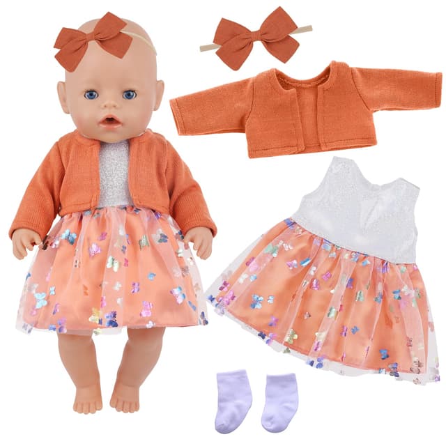 Xerteam Baby Puppen Kleidung für 14-18 Zoll Babypuppen, 4 Stück Orange Farbe Puppenkleidung Outfits mit Orangefarbenen Mantel Tüllrock Haarband Socken für 43 cm Puppen, 35-43cm Süßes Puppenkleidungs