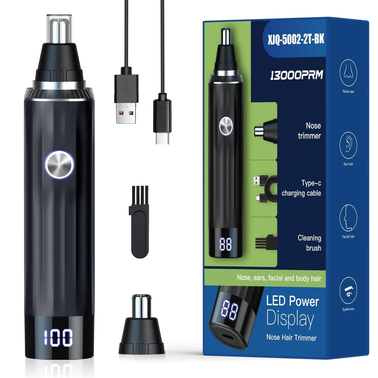 Nasenhaartrimmer 2 in 1 Nasentrimmer Ohrhaartrimmer mit LED-Anzeige, USB Wiederaufladbar Nasenhaarschneider für Herren und Frauen, Schmerzfreier Nasenhaarentferner mit IPX7 Level Wasserdichte Schwarze