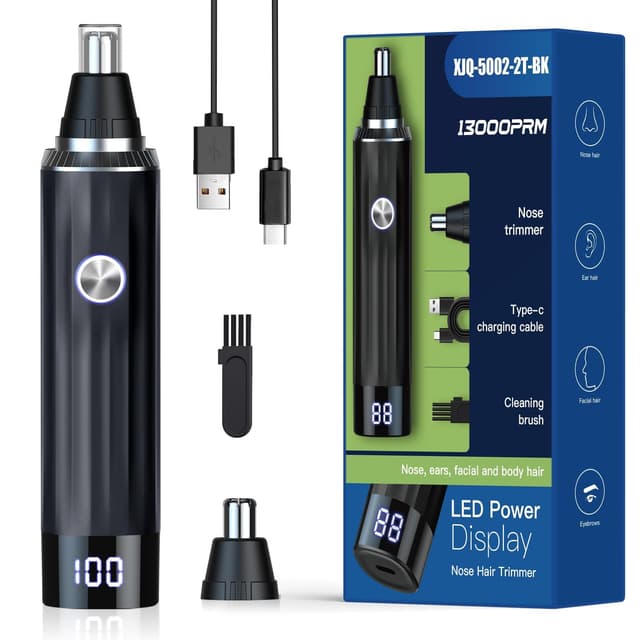 Nasenhaartrimmer 2 in 1 Nasentrimmer Ohrhaartrimmer mit LED-Anzeige, USB Wiederaufladbar Nasenhaarschneider für Herren und Frauen, Schmerzfreier Nasenhaarentferner mit IPX7 Level Wasserdichte Schwarze