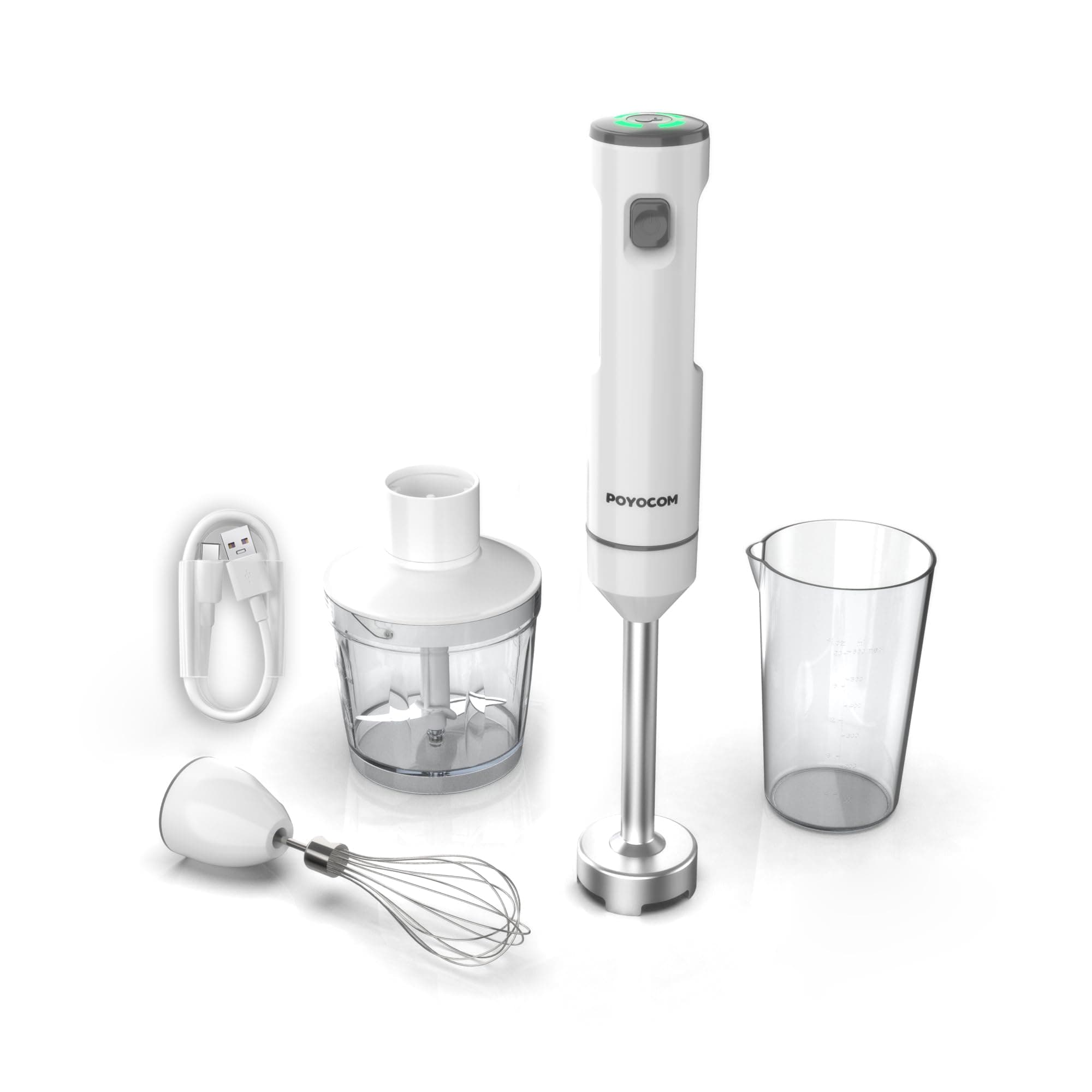 POYOCOM Kabelloser Stabmixer, Akku-Stabmixer mit TYP-C-Kabel, 500 ml Zerkleinererer, 600 ml Gefäß, Schneebesen, für Smoothies, Babynahrung und Suppe, Weiß