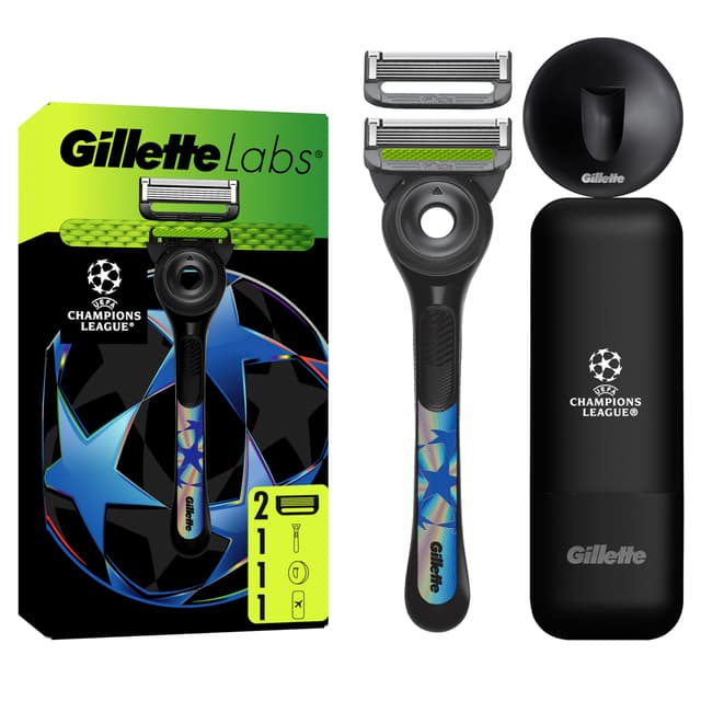 Gillette Labs mit Reinigungselement UEFA Champions League Special Edition, Rasierer für Männer,1 Handstück 2 Ersatzklingen, beinhaltet Reiseetui und Wandhalterung Rasierer + 2 Klingen + Duschhänger + Etui