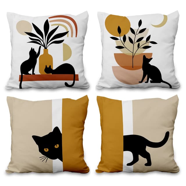 Aoihrraan 41x41cm 4er Set Dekorativ Schwarze Katze Kissenbezug Boho Abstrakt Kunst Zierkissenbezug Quadratische Couchkissen Bauernhaus Draussen Terrasse Garten Wohnzimmer Sofa Schlafzimmer Geschenke 41 x 41 cm, 4 Stück Schwarze Katze