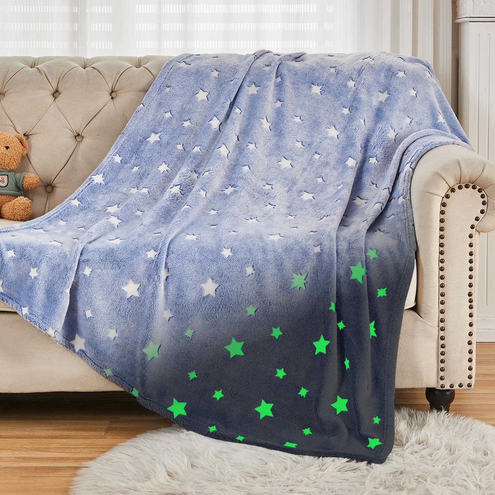 SOCHOW Glühen im Dunkeln Decke 127 x 150 cm, Sterne Muster Flanell Fleecedecke, Blau Ganzjahresdecke für Kinder