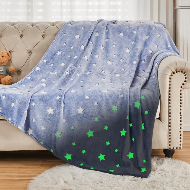SOCHOW Glühen im Dunkeln Decke 127 x 150 cm, Sterne Muster Flanell Fleecedecke, Blau Ganzjahresdecke für Kinder