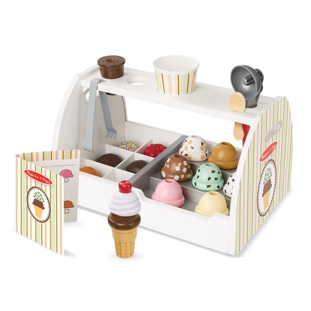 Melissa & Doug Eisdiele aus Holz - 28-teiliges Spielset zum Portionieren und Servieren von 8 Sorten Eiscreme in Eistüten oder im Eisbecher, Spielgeld inklusive, für Kinder ab 3 Jahren Deluxe-Eistheke