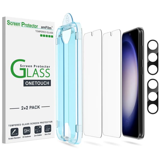 amFilm 2+2 Stück OneTouch-Schutzfolie für Samsung Galaxy S23 5G, Härte 9H mit Kameraobjektivschutz aus Gehärtetem Glas, Einfachste Installation und Blasenfrei S23-6.1‘’