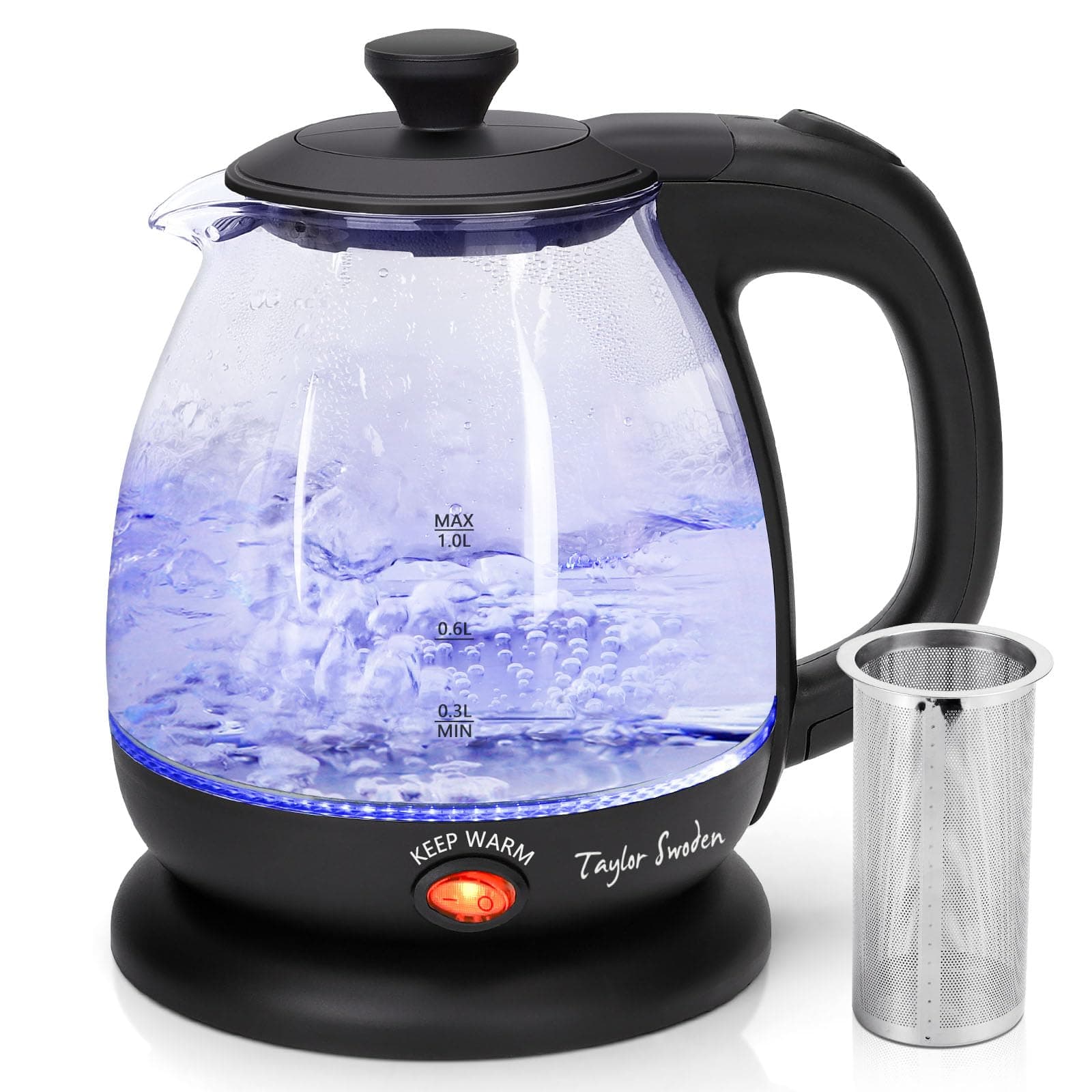 Taylor Swoden Abel-Wasserkocher Glas mit LED-Licht, Warmhaltefunktion, Kleiner Wasserkocher 1 Liter,2200 W, Reisewasserkocher Kleiner, Herausnehmbarer Filter, Bpa-Frei 1 Liter Schwarz