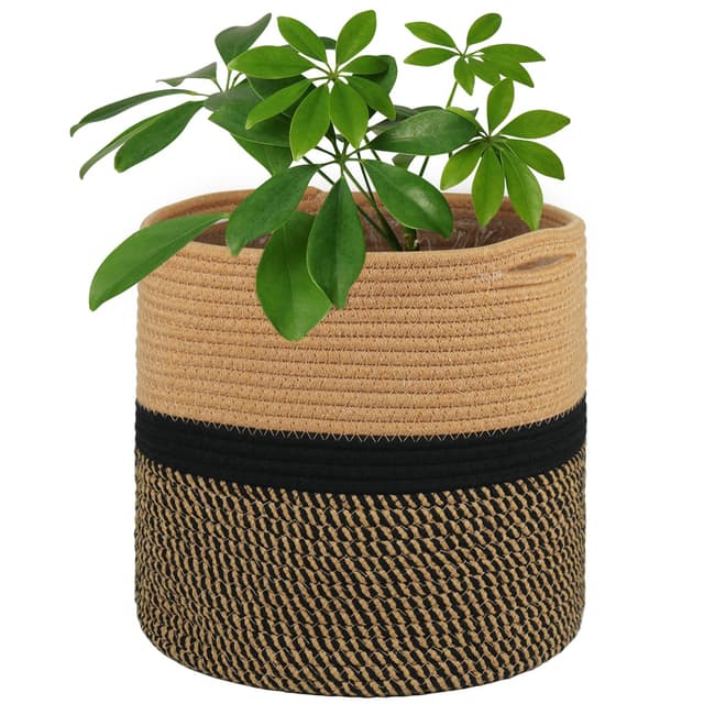 Tenn Well 30 cm Indoor-Topf für Pflanzen mit Einsatz, Baumwolle gewebter Aufbewahrungskorb große Blumentöpfe für Zimmerpflanzen, Blumentopf, Wäsche-Organizer und Heimdekoration (Schwarz und Braun)