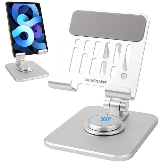 VICHSAMWY Verstellbarer Handy-Ständer aus Aluminium mit 360 ° drehbarer Basis, robuster, Faltbarer Ständer für alle 10,2-32,9 cm Handys und iPad (silberfarben)
