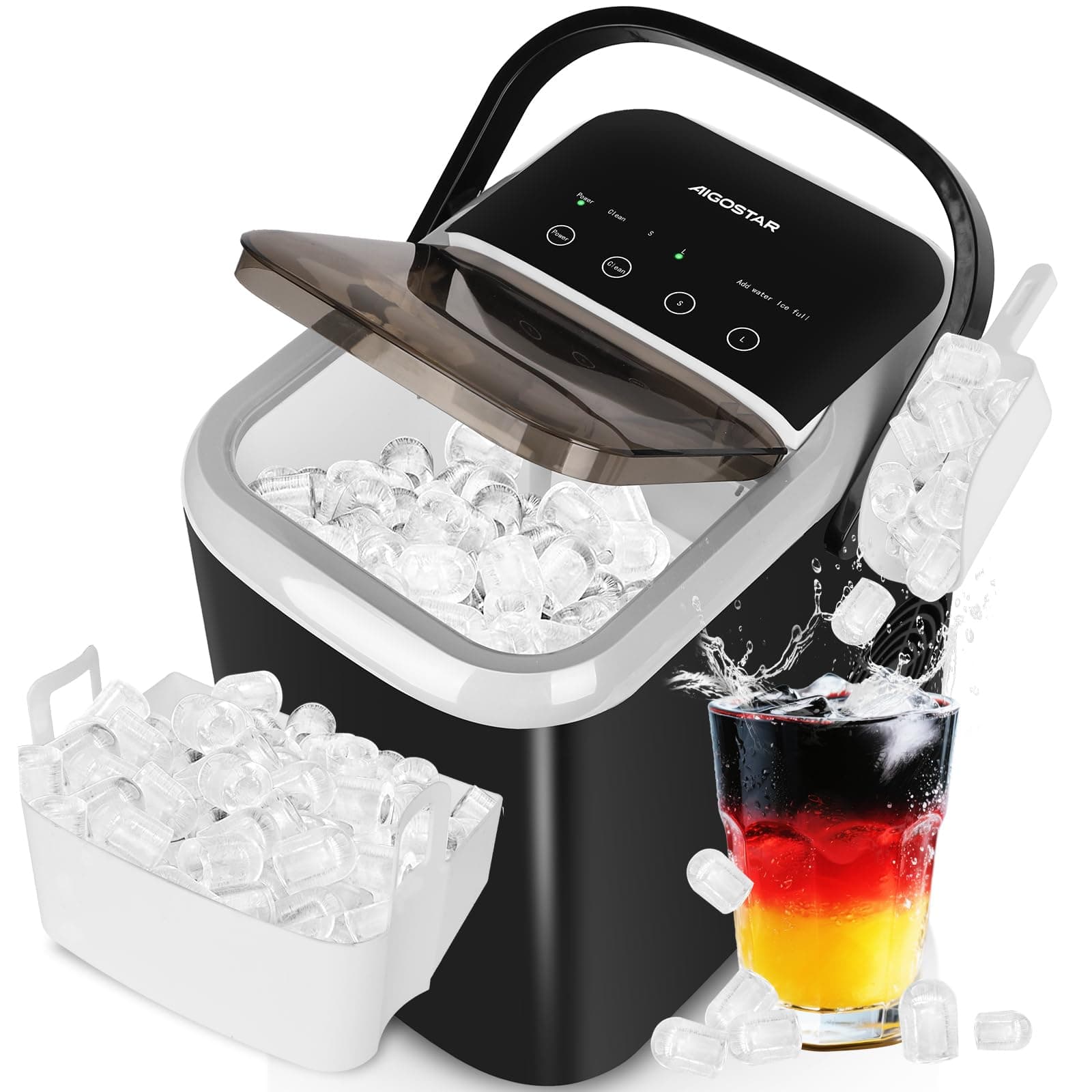 Aigostar Eiswürfelmaschine Klein 1,5L, Doppelklappe – Einfacher zu Reinigen 130W Eiswürfel Maschine, 9 Eiswürfel in 6 Mins, 14kg/24h, 2 Eiswürfel Größen, Intelligente Sensoren & Selbstreinigend