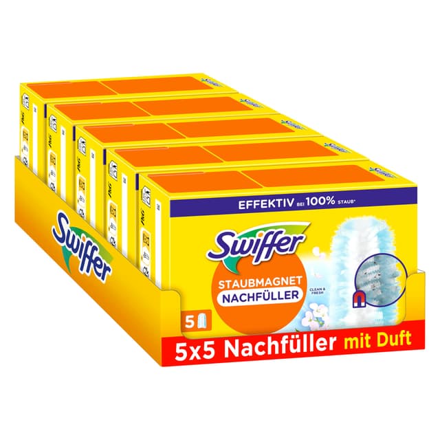 Swiffer Staubmagnet Nachfüllpackung, 25 Tücher (5×5) mit Febreze-Duft, Fängt Und Schließt 3-mal Mehr Staub Und Haare Ein Als Herkömmliche Staubwedel 25 Tücher mit Duft (5x5)