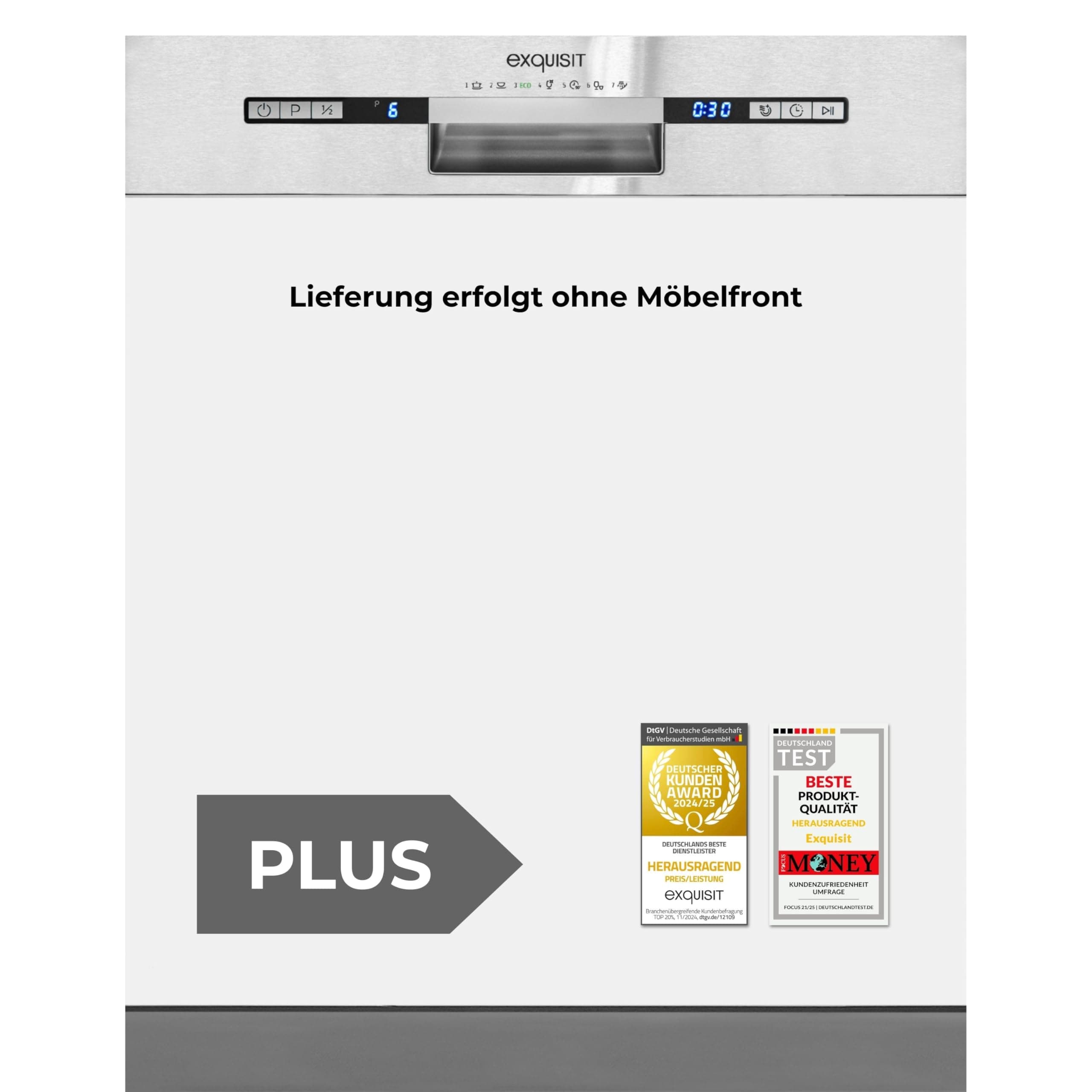 Exquisit PLUS Einbaugeschirrspüler teilintegrierbar 60 cm, 13 Maßgedecke, Startzeitvorwahl, LED-Display, EGSP2113-EB-030E inox