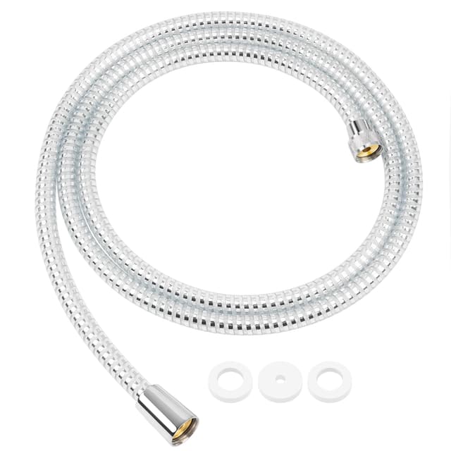 FEVONE Duschschlauch 1.5m glatt PVC Transparente Silberfolie, Kunststoff Brauseschlauch mit Messinganschlüssen, Universalanschluss 1/2" Knick und verdrehsicher, auslaufsicher Transparent & Silbrig 150cm