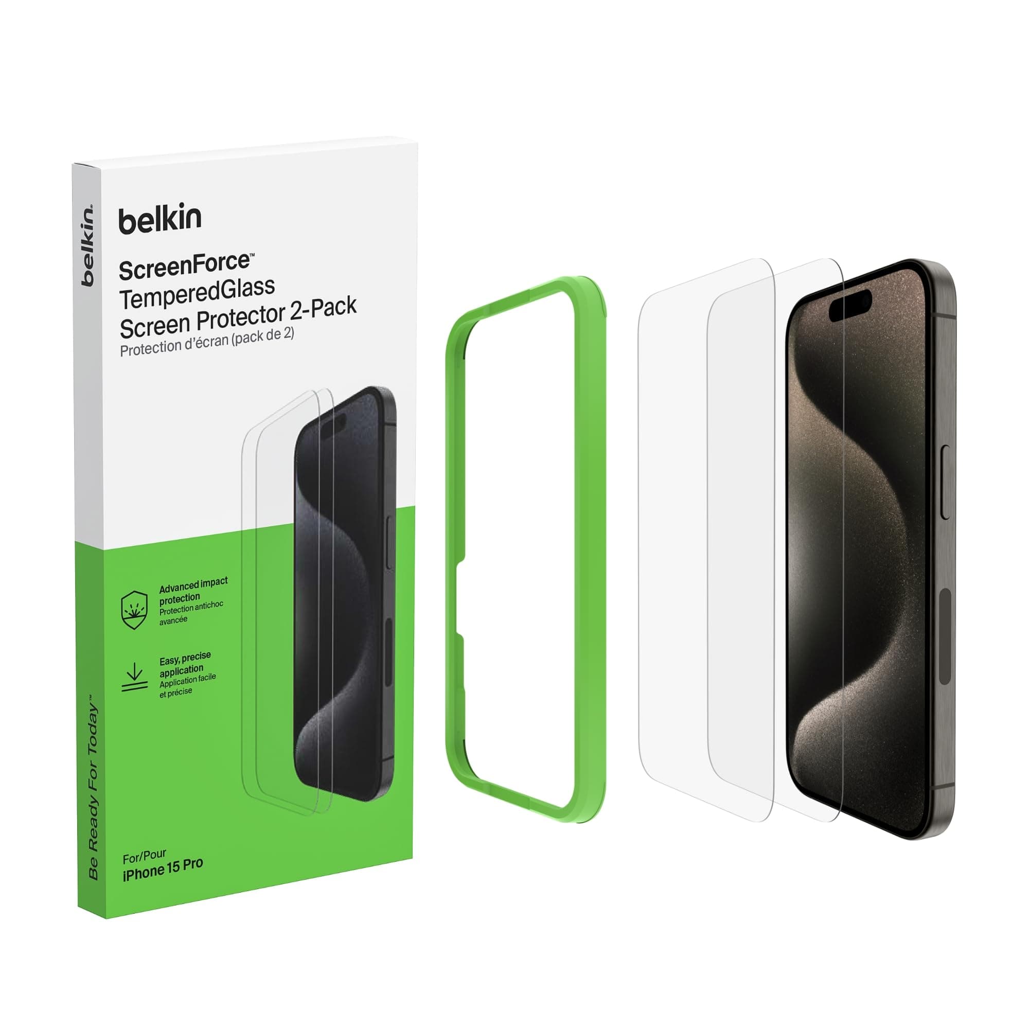Belkin ScreenForce TemperedGlass antimikrobielle Display-Schutzfolie für iPhone 15 Pro, dünn, kristallklar, kratzfest, Positionierungsrahmen für Blasenfreie Applikation, 2er-Pack, Exklusiv bei Amazon Tempered Glass - 2er-Pack
