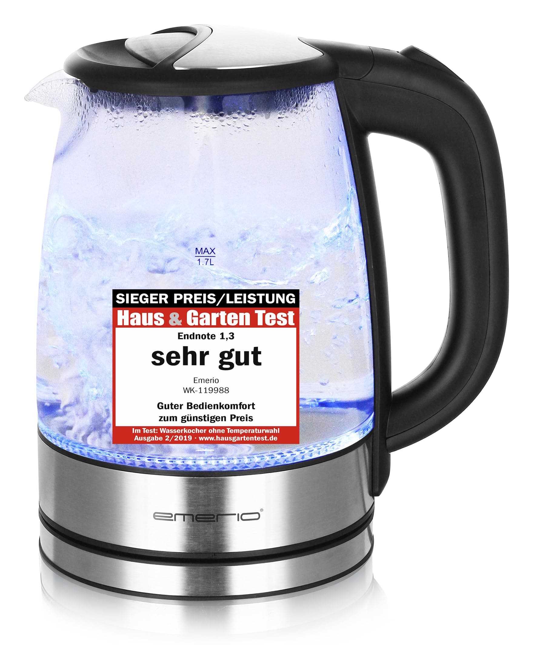 EMERIO Glas Wasserkocher mit 1.7 Liter Volumen | 2200 Watt | blaue LED Innenbeleuchtung | 360° Basis | SIEGER Preis/Leistung Haus & Garten Test | bestes Borosilikatglas | BPA frei | WK-119988.7 1.7 Liter Single