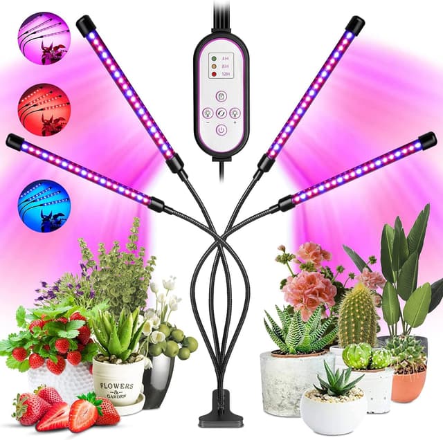 Garpsen Pflanzenlampe, 80 LEDs Vollspektrum Led Pflanzen wachsen Licht, 10 Dimmstufen & 4 Köpfe wachsen Lampe mit Timer 4/8/12H, 360 ° einstellbar Schwanenhals für Sämlinge und Sukkulenten Rotblau-(4 Arme)