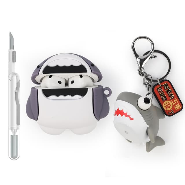 XMBYGY Hülle und Reinigung Stift für AirPods 4th Erzeugung Drahtlose Ohrhörer, Silikon Cartoon Aufladung Schutz Fall und 3-in-1 Reinigung Pen für AirPods 4 mit Puppe und Anti-Lost Lanyard Shark