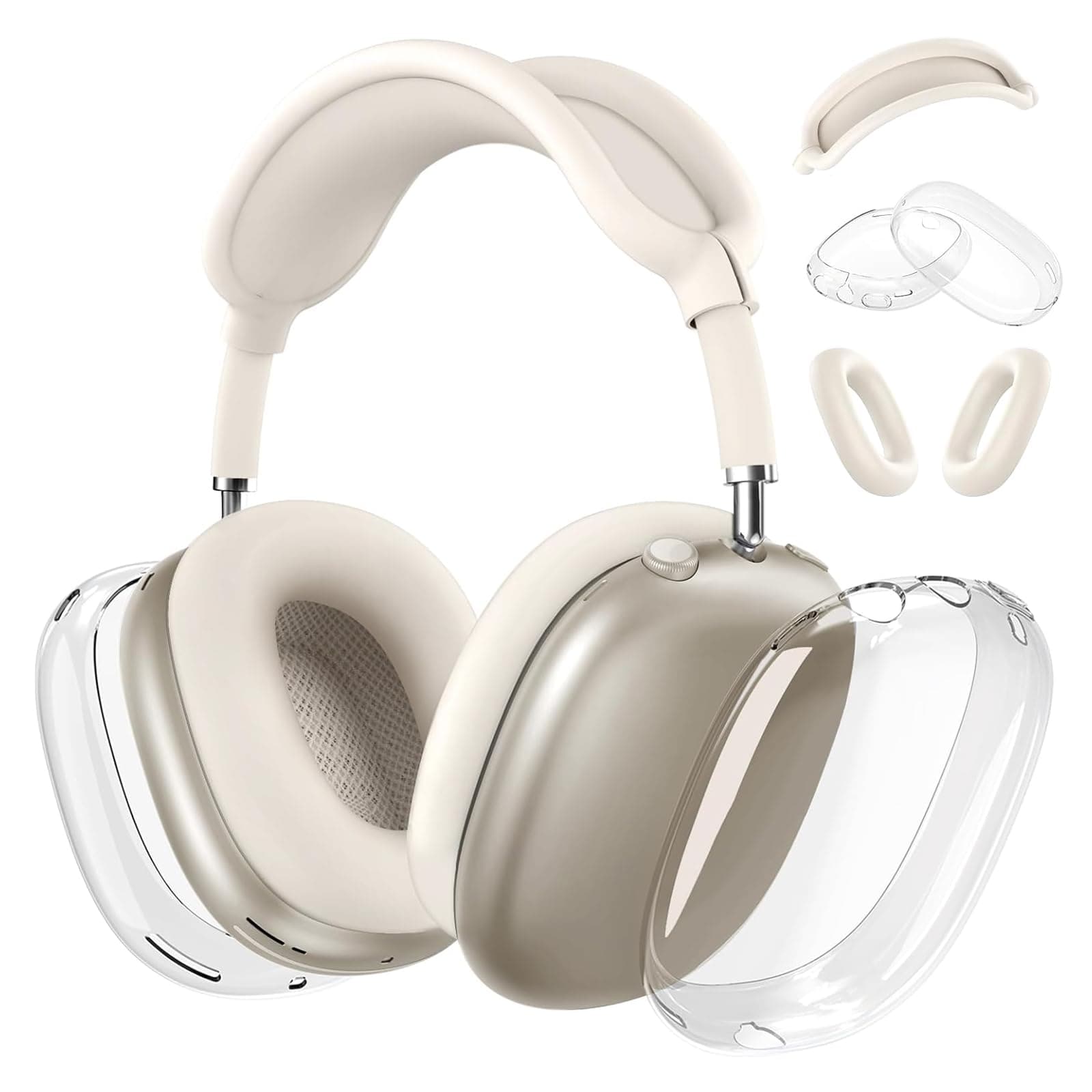 Tuocal Hülle Kompatibel mit Apple Airpods Max Cover Case, Silikon Schutz Ohrpolster + TPU Schutzhülle + Kopfband Abdeckung, Stoßfest Kratzfest Zubehör für AirPods Max, Creme + Transparent