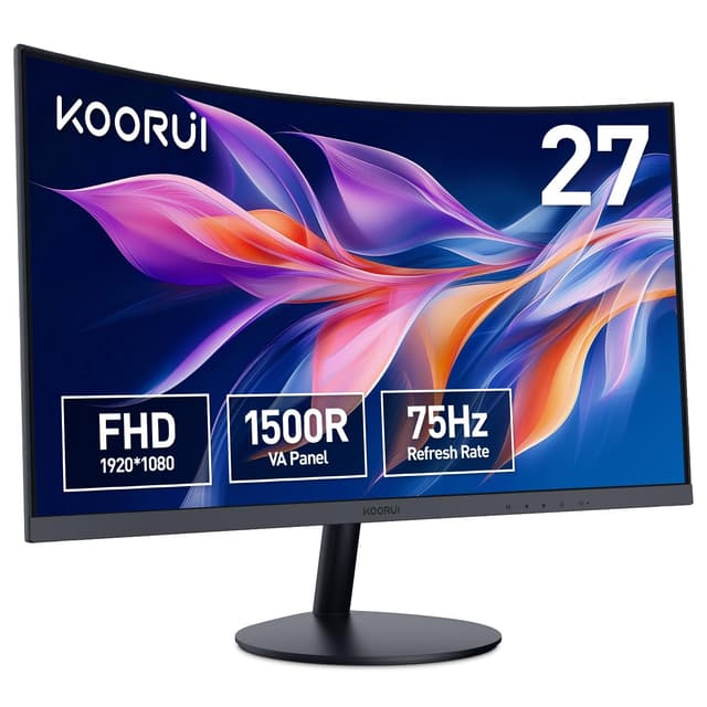 KOORUI Curved Monitor - 27 Zoll FHD Curved Computer Monitor, VA-Panel, 75Hz, Krümmung 1500R, Neigungsverstellung, Augenpflege, HDMI, VGA Gaming Monitor, Schwarz 27 Zoll VA/FHD/75Hz/Curved
