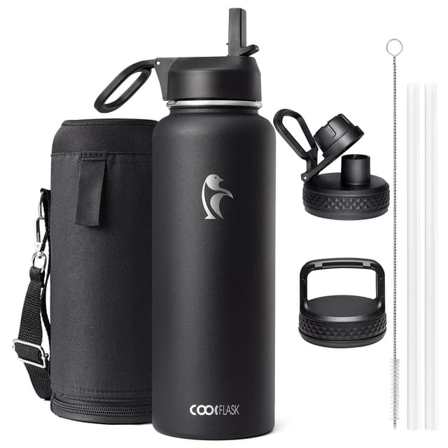 Coolflask 1180ml Isolierte Wasserflasche mit Strohhalm und 3 Deckeln, Metallwasserflasche für Sport oder Büro, doppelt vakuumdicht, leicht zu reinigen, Schwarz Schwarz 1200 ml