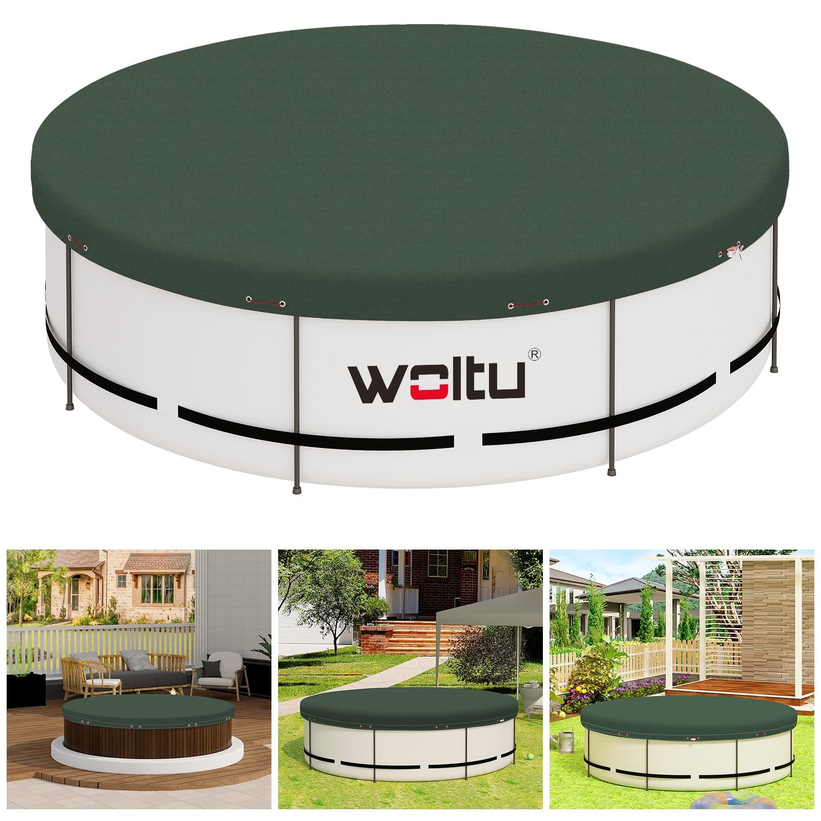WOLTU Poolabdeckung Ø 305 cm für Rund Pools Ø 244-270 cm, Poolplane aus 200 g/m² PE, Pool Abdeckplane mit Ösen Drahtseil Aluminiumverschluss, wasserdichte Poolfolie für Sommer Winter, Grün 305 cm (Rund) Grün