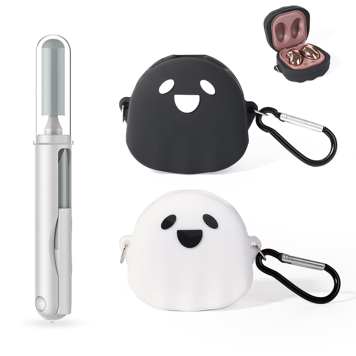 (2Packung + Reinigungsstift) XMBYGY Silikon Hülle für Galaxy Buds FE(2023) / Buds2 Pro(2022) / Buds 2(2021) / Buds Pro(2021) / Buds Live(2020) Schutzhülle mit 3 in 1 Reinigungs Bürste Stift Werkzeuge GhostWhite+Black