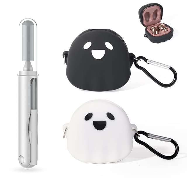(2Packung + Reinigungsstift) XMBYGY Silikon Hülle für Galaxy Buds FE(2023) / Buds2 Pro(2022) / Buds 2(2021) / Buds Pro(2021) / Buds Live(2020) Schutzhülle mit 3 in 1 Reinigungs Bürste Stift Werkzeuge GhostWhite+Black