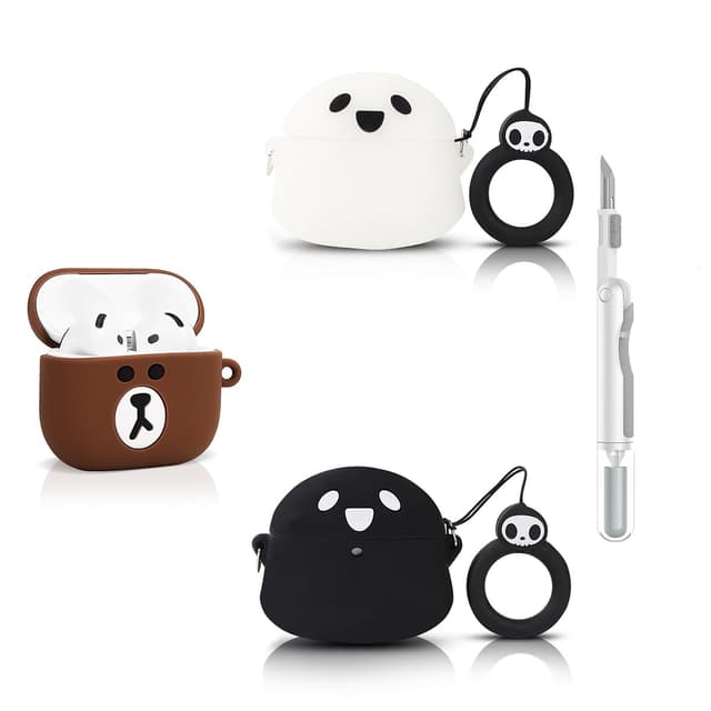 (3 Packung) Silikon Hülle für AirPods 4 Drahtlose Ohrhörer, für AirPods 4th Erzeugung Ohrhörer, mit Reinigung Stift Kit, XMBYGY Silikon Cartoon Ladecase Schutzhülle und Karabiner für Männer Frau BNbear+GhostBK+WT
