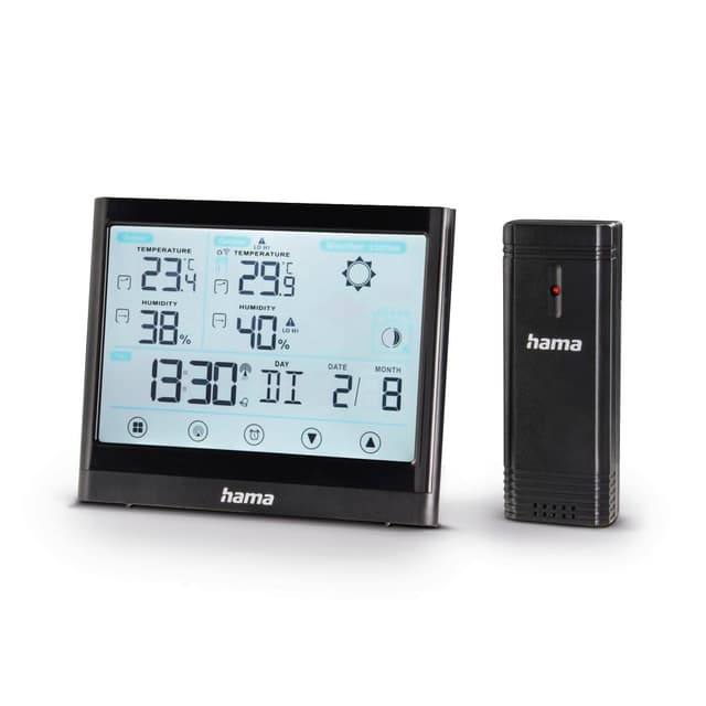 Hama Wetterstation Funk mit Außensensor (Thermometer, Hygrometer, Wettervorhersage m. Symbolen, DCF Funkuhr, Wecker, Mondphasen, bis zu 3 Außensensoren, Touch Sensoren inkl. Batterien) schwarz