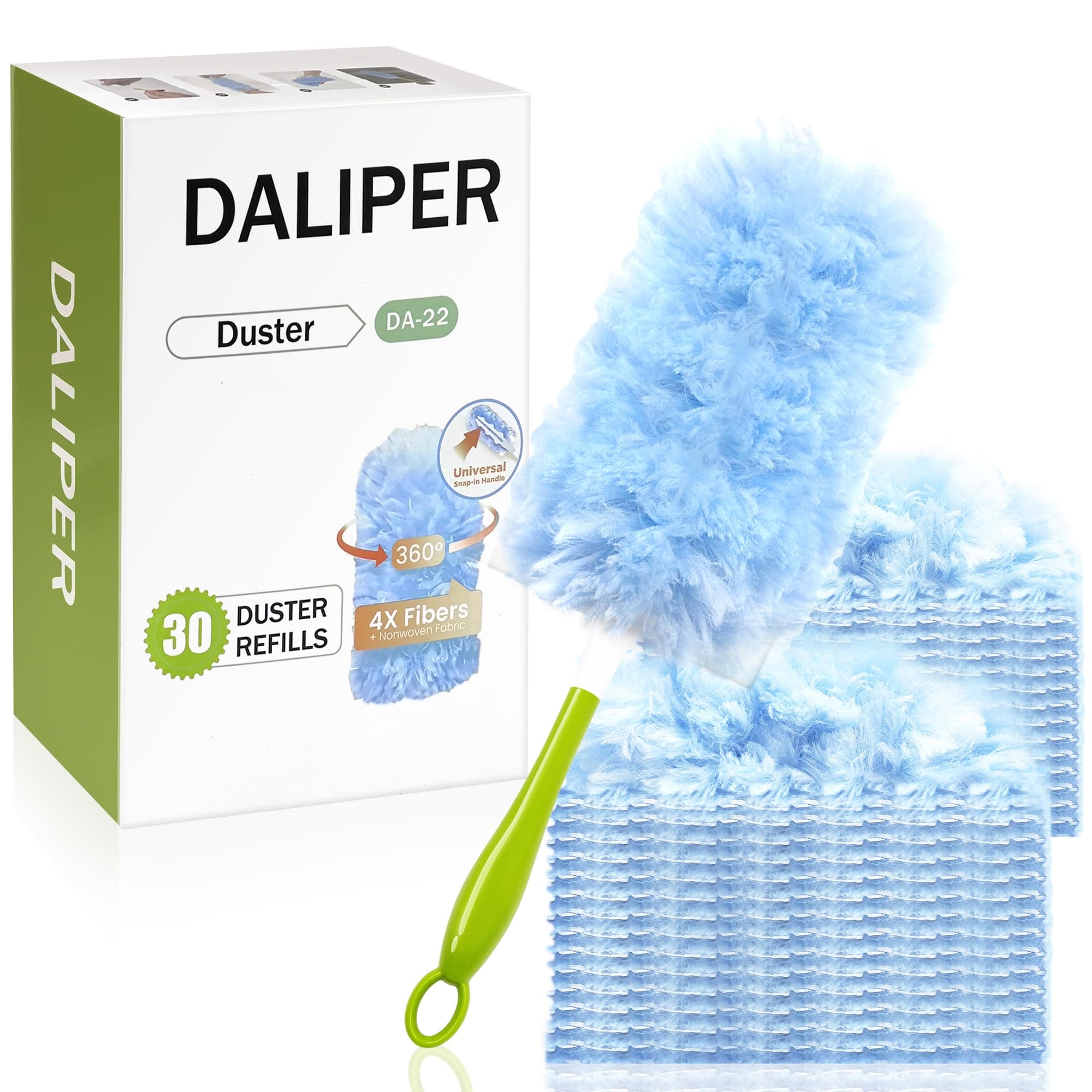 DALIPER Staubmagnet Staubwedel mit 30 Nachfüllpackungen und 1 Griff, 360° mit 4X Mikrofasern für Deckenventilatoren, Möbeln und Jalousien – vergleichbar mit Swiffer