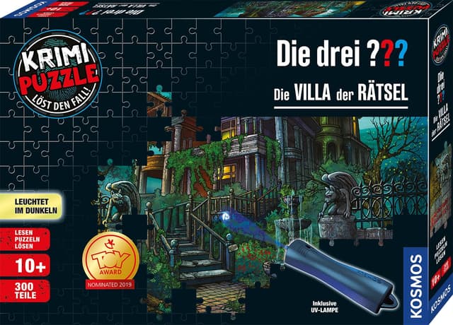 Die drei ??? - Krimi Puzzle - Die Villa der Rätsel von KOSMOS 697976, 300 Teile, Leuchtet im Dunkeln, mit UV-Lampe, Lesen, Puzzeln, Rätsel lösen, Detektiv Puzzle ab 10 Jahre