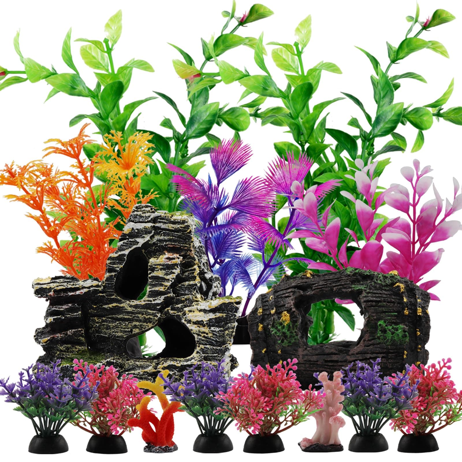 QUOZUO Aquarium Zubehoer Fisch Deko, 15 Stück Aquarium Höhle Ornament Harz Wine Barrel mit Aquarium Künstliche Pflanzen Dekoration für Aquarium