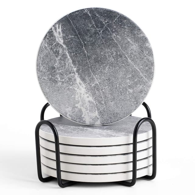 LIFVER Untersetzer Gläser, Keramik Untersetzer mit Korkboden und Halter, Absorbierender Glasuntersetzer für Bars, Cafés, Haus, Party, Büro, Geschencke für Mama Papa Freund, Grau Schwarzstein