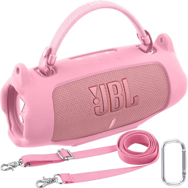 Khanka für JBL Charge 6 Silikon-Schutzhülle mit abnehmbarem Schultergurt & Utility-Haken, Flexible weiche Hülle für JBL Charge 6 tragbarer Bluetooth-Lautsprecher, nur Hülle (Rosa)