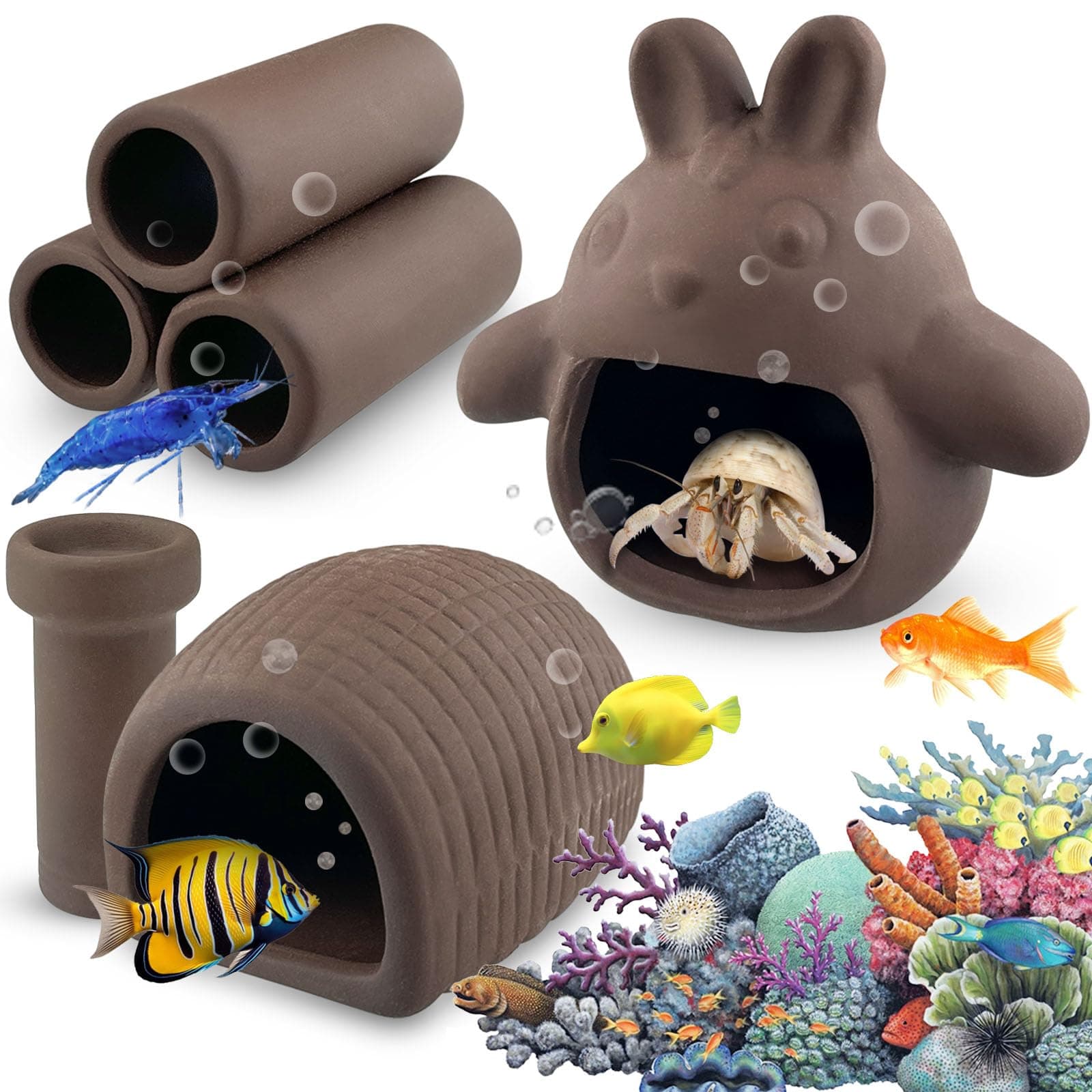 ADNEWX 4 STK Aquarium Höhle, Keramik Fisch Garnelen Versteck Klein Welshöhle Zuhause Fisch Tank Deko für Fischlaiche Wassertiere Lebendversteck Ornament