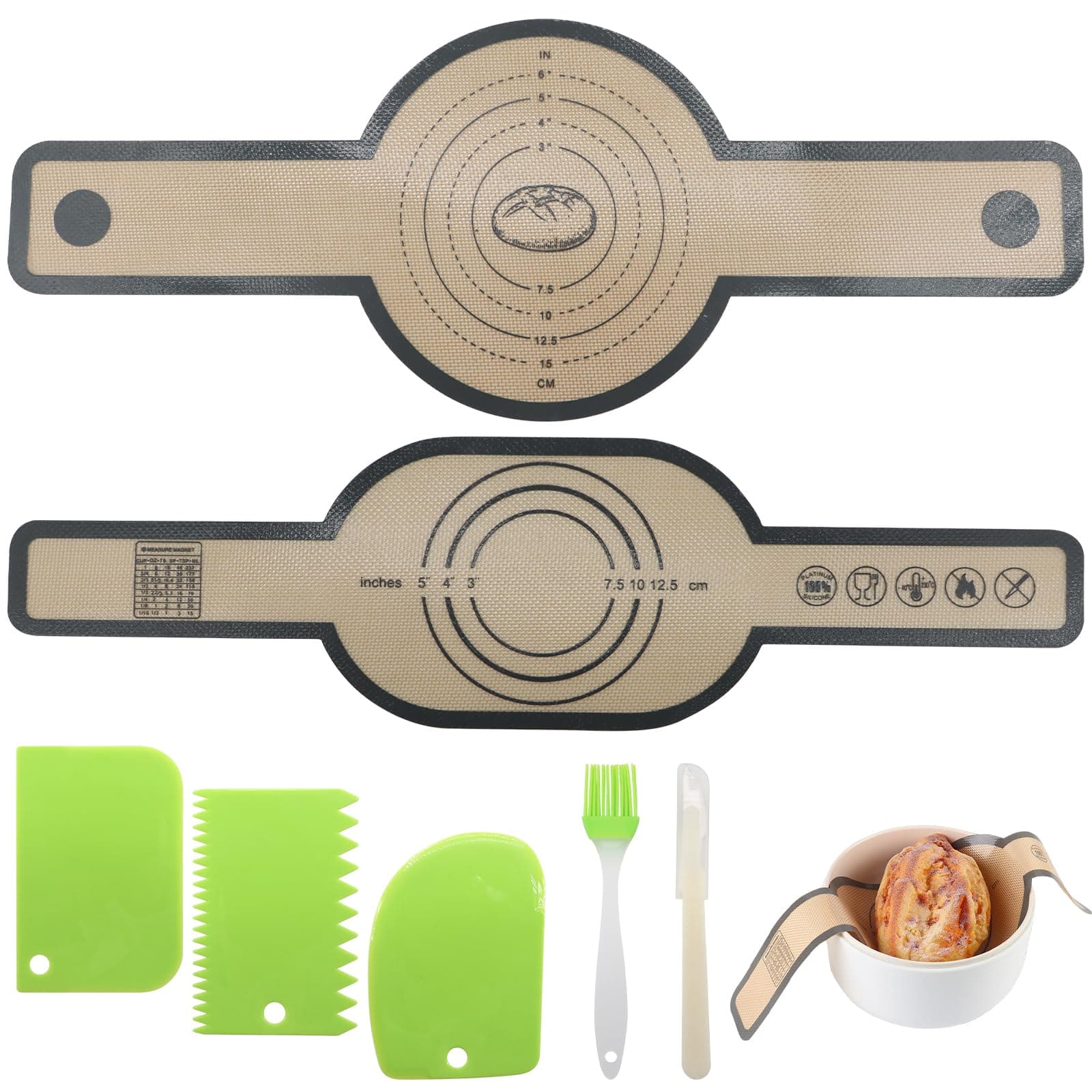 BORISCA 2 Stk Silikon Backmatte für Dutch Oven, Silikon Backmatte Brot mit Langen Griffen Wiederverwendbare Silikonmatte Backen mit 3 Teigschaber, 1 Backpinsel, 1 Brotmesser, Brotmatte für Backofen