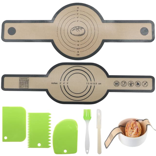 BORISCA 2 Stk Silikon Backmatte für Dutch Oven, Silikon Backmatte Brot mit Langen Griffen Wiederverwendbare Silikonmatte Backen mit 3 Teigschaber, 1 Backpinsel, 1 Brotmesser, Brotmatte für Backofen
