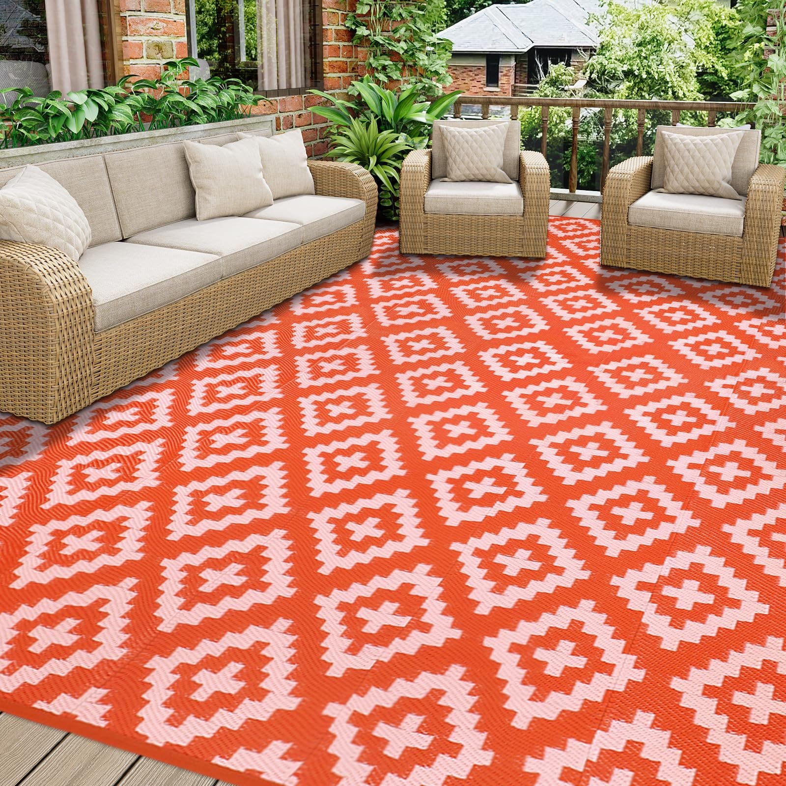 Homcomodar Outdoor Teppich für Patio Clearance 270x365cm UV-beständige Camping Matte Kunststoff Stroh Teppiche Patio Teppich Reversible Matten für BBQ Picknick Deck(Orange/Rosa) 270x365cm Rosa