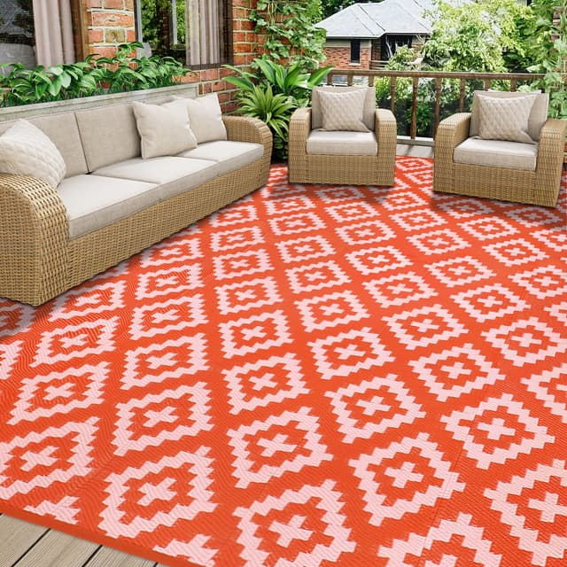 Homcomodar Outdoor Teppich für Patio Clearance 270x365cm UV-beständige Camping Matte Kunststoff Stroh Teppiche Patio Teppich Reversible Matten für BBQ Picknick Deck(Orange/Rosa) 270x365cm Rosa