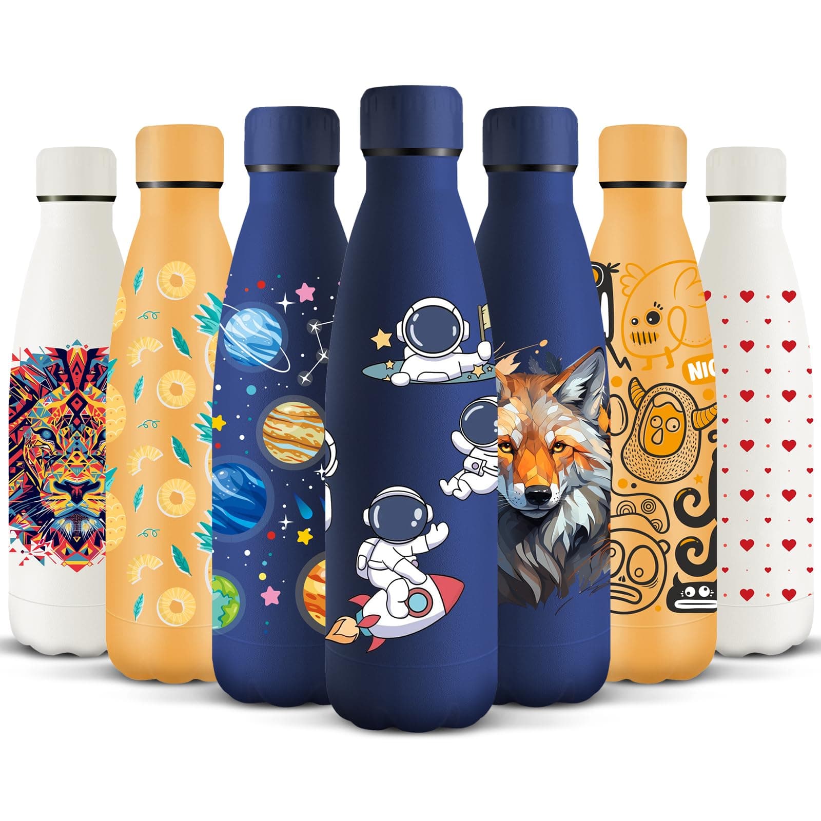 HoneyHolly Trinkflasche Edelstahl, 500ml BPA-frei, Thermosflasche, 18/8 Edelstahl, Wasserflasche Kinder, Doppelwandig Vakuumisoliert, Thermoskanne für Schule, Outdoor, Camping, Picknick Raumfahrer - Dunkelblau