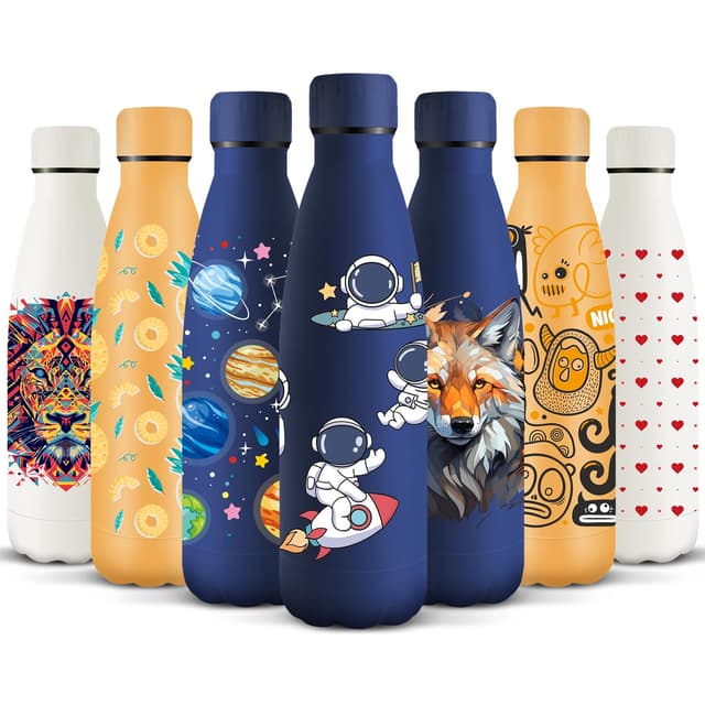 HoneyHolly Trinkflasche Edelstahl, 500ml BPA-frei, Thermosflasche, 18/8 Edelstahl, Wasserflasche Kinder, Doppelwandig Vakuumisoliert, Thermoskanne für Schule, Outdoor, Camping, Picknick Raumfahrer - Dunkelblau