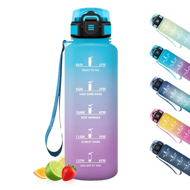 HoneyHolly Trinkflasche, Motivierend und Auslaufsicher, 1,5L, Wasserflasche, Zeitmarkierung, Trinkflasche Sport, Wiederverwendbar, Water Bottle für Fitnessstudio, Arbeit, Camping, Wandern Blau & Lila - 1500ml 1500 ml