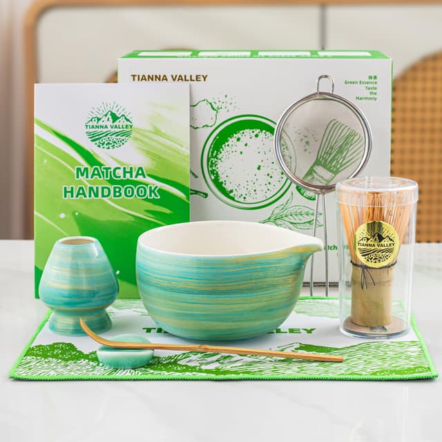 TIANNA VALLEY 7 Stück Matcha Set Hellgrün,Matcha Besen,Matcha Set für Zeremonie,Matcha Besen,480 Ml/16.2 Oz Keramik Schale(chawan) mit Ausguss,Bambus Schneebesen und Halter,Tradition Matcha Tee Set 7-teiliges Matcha-Schneebesen-Set Hellgrün