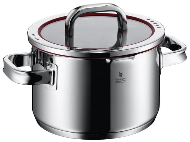 WMF Function 4 Kochtopf groß 20cm, Glasdeckel, Fleischtopf Induktion 3,4l, Cromargan Edelstahl poliert, 4 Abgießfunktionen, Innenskalierung, rot Function – Fleischtopf 20 cm