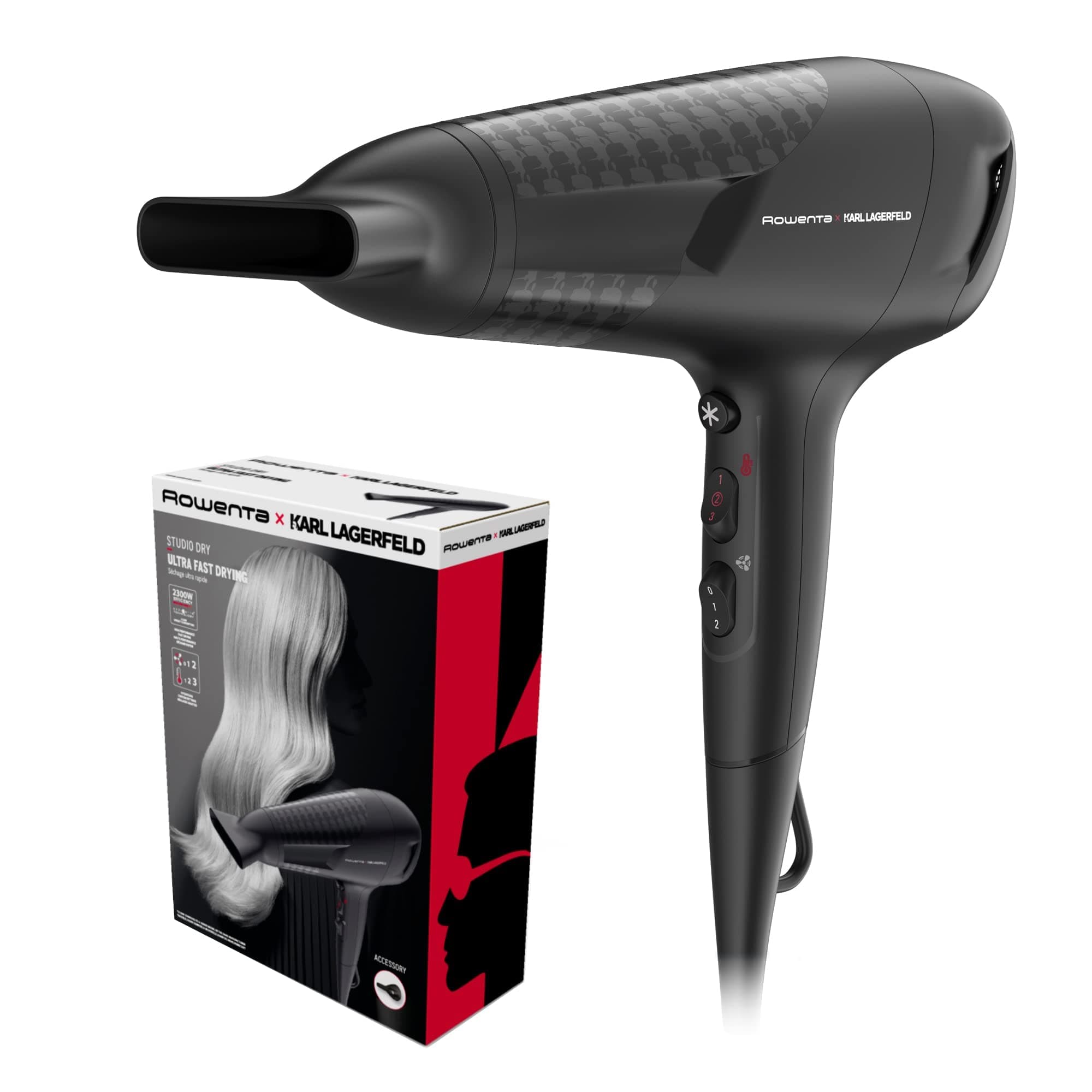 Rowenta x Karl Lagerfeld CV581L Studio Dry Haartrockner, energiesparende Effiwatt-Technologie, 6 Geschwindigkeits-/Temperaturstufen, Thermo Control, Konzentrator, Kaltluftstufe, Schwarz/Rot Schwarz Kl | 1 Zubehör