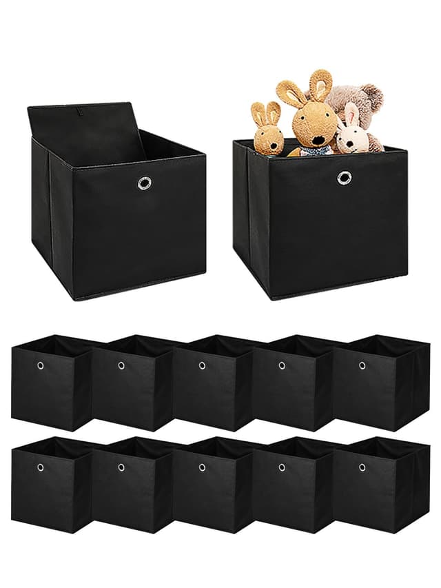 10er Faltboxen 32x32x32cm – Aufbewahrungsboxen aus Stoff mit Griffloch – Faltbare Würfelboxen für Kallax Regal, Raumteiler, Kinderzimmer & Büro (Schwarz) Schwarz 10er