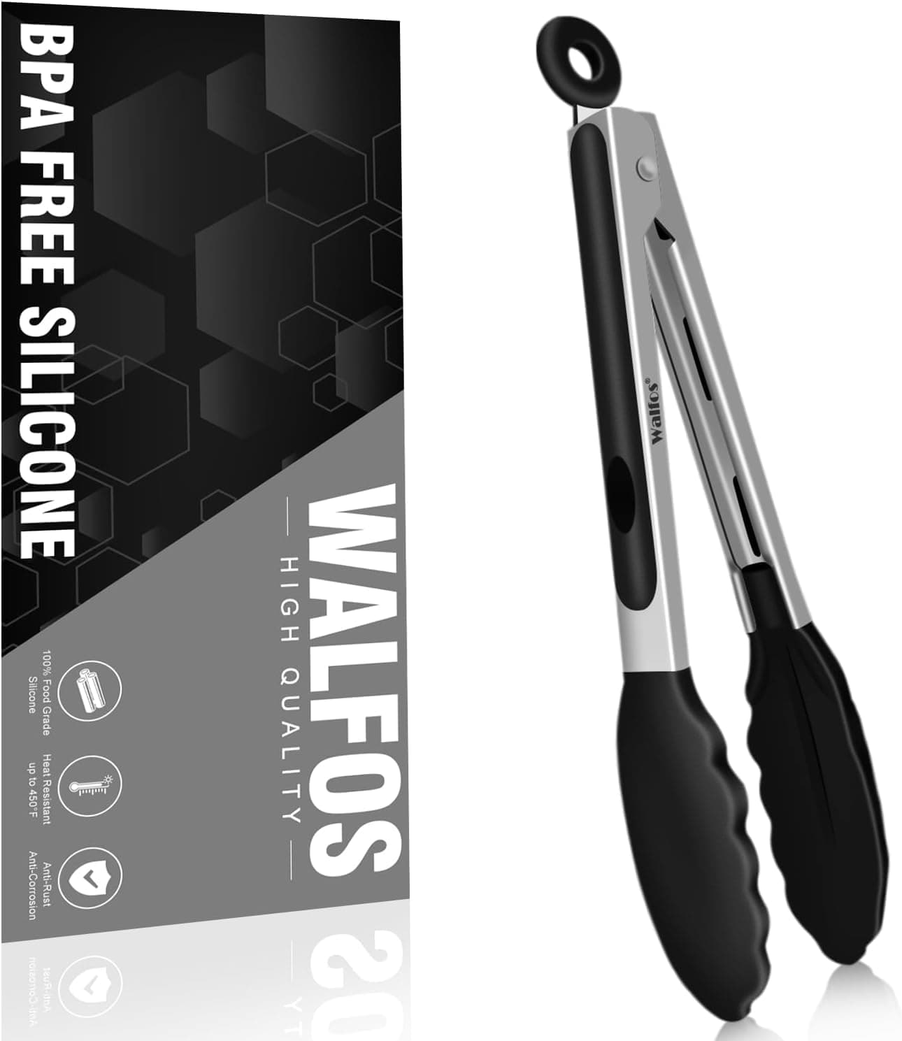 Walfos Küchenzange Hitzebeständige Kochzange, Thickened Stainless Steel and BPA Free Silicone Tips, Great for Cooking, Grilling, 23cm Food tongs 23 Cm Balck