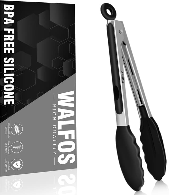Walfos Küchenzange Hitzebeständige Kochzange, Thickened Stainless Steel and BPA Free Silicone Tips, Great for Cooking, Grilling, 23cm Food tongs 23 Cm Balck