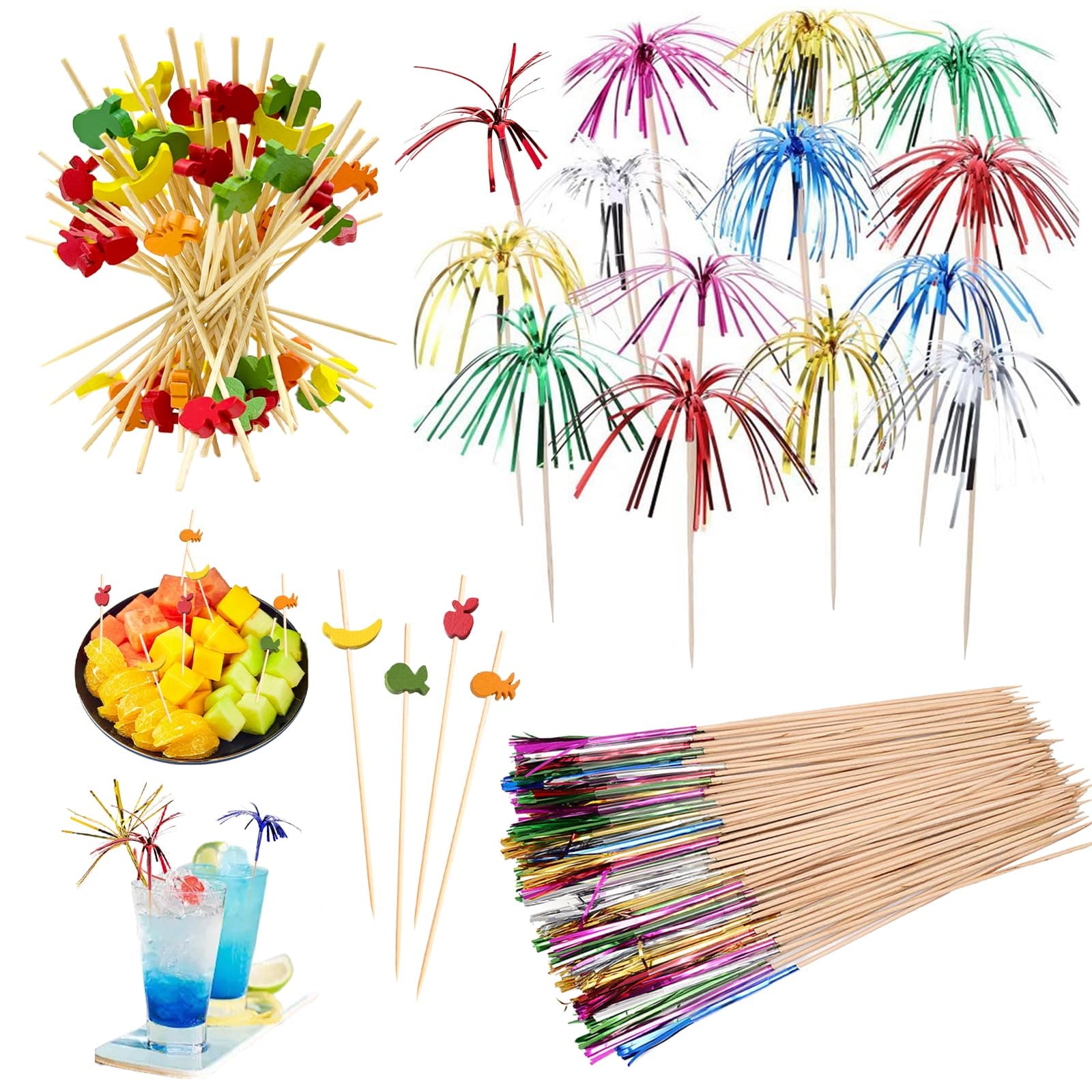 200 Stück Cocktail Deko, 23cm Cocktailspieße, Holz Cocktail Sticks, 12cm Spieße Fingerfood, Wiederverwendbar Cocktailspieße Feuerwerk Sticks für Sommer Party Geburtstagsbars Cocktailparty Deko